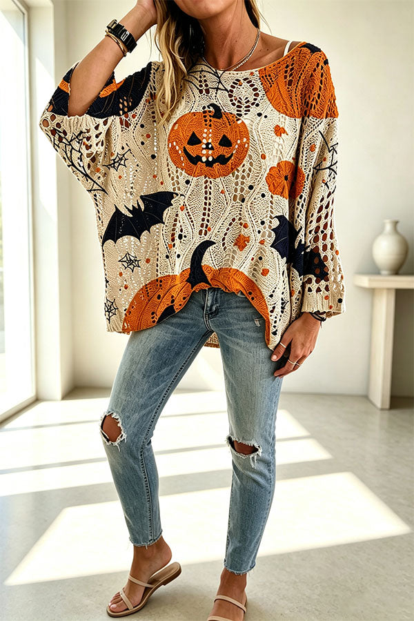 Halloween Pumpkin & Bat Hollow Out Knit Oversized Sweater-Consonak