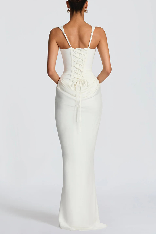Larrah Square Neck Back Lace-up Satin Drape Hem Maxi Dress | Consonak
