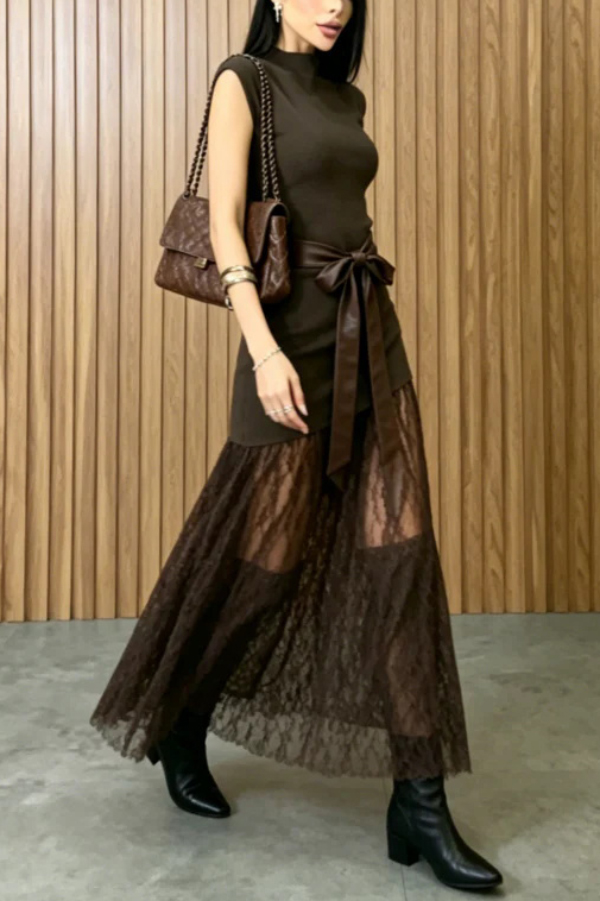 Stylish Sleeveless Spliced ​​lace Hem Elegant Slim-fit Maxi Dress