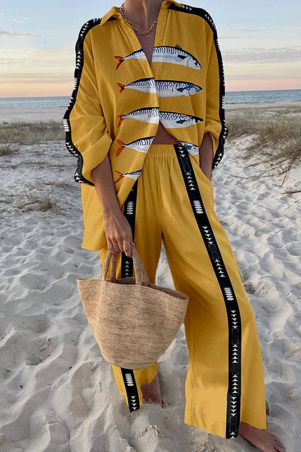 Unique Ocean Print Oversized Shirt and Elastic Waist Pocket Pants Set | Consonak