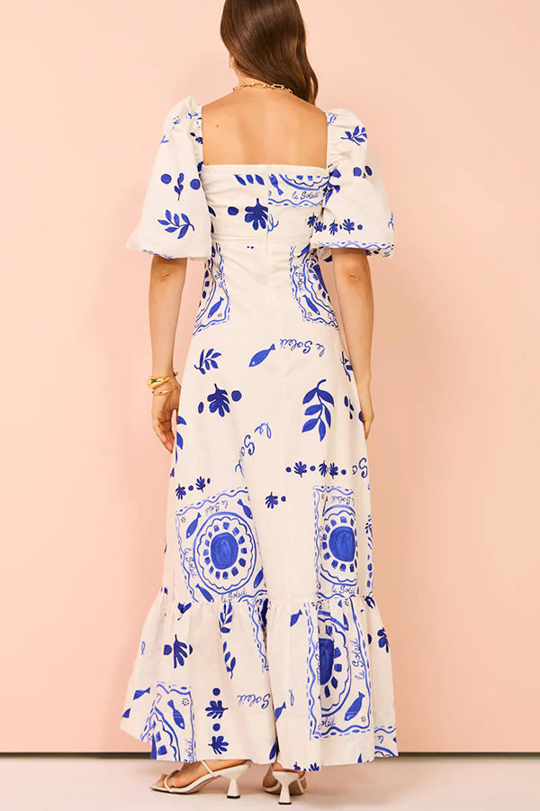 Sherbert Linen Blend Unique Print Square Neck Bubble Sleeve Maxi Dress | Consonak