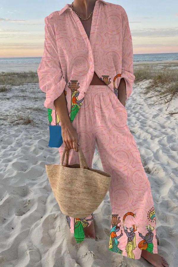 Egyptian Mural Print Oversized Shirt and Elastic Waist Pocket Pants Set