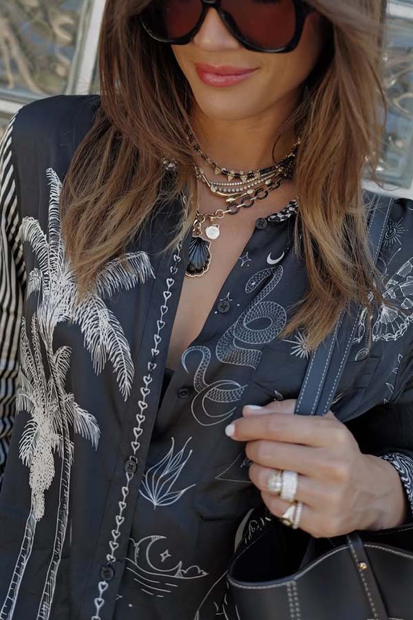 Black Magic Satin Unique Print Long Sleeve Blouse and Elastic Waist Pocket Wide Leg Pants Set-consonak