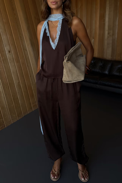 Sunday Social Satin Drawstring Elastic Waist Pocketed Loose Jogger Pants-consonak