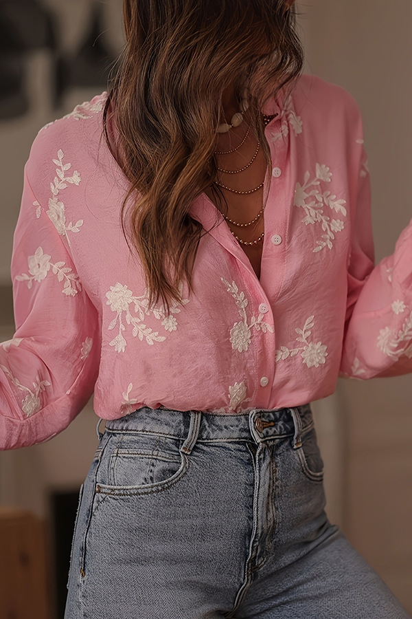 Floral Embroidery Long-Sleeved Button-Up Elegant Shirt-consonak