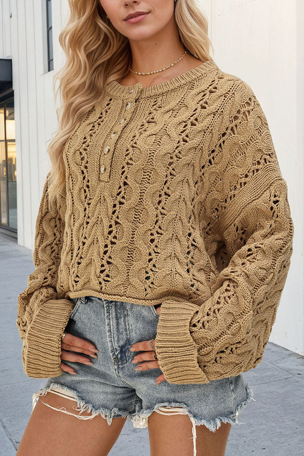 Solid Color Loose Long-sleeved Openwork Cable Knit Sweater-consonak
