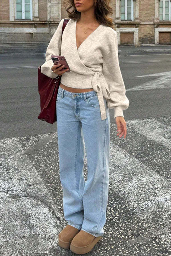 Solid Color Crossover V-neck Tie Elegant Long-sleeved Knit Top-consonak