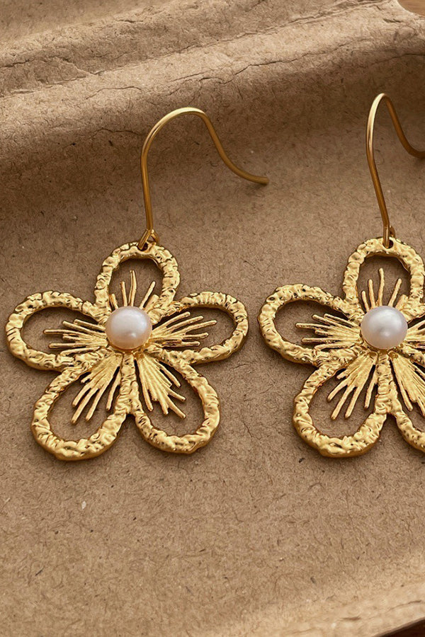 Pearl Openwork Flower Earrings-Consonak