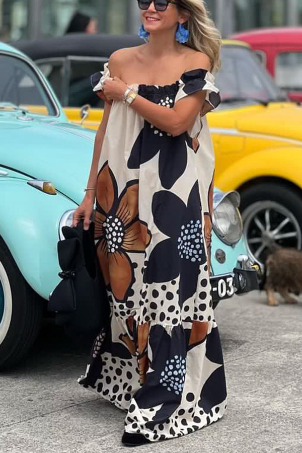Bloom Season Linen Blend Floral Printed Off Shoulder Pocketed A-line Maxi Dress-consonak