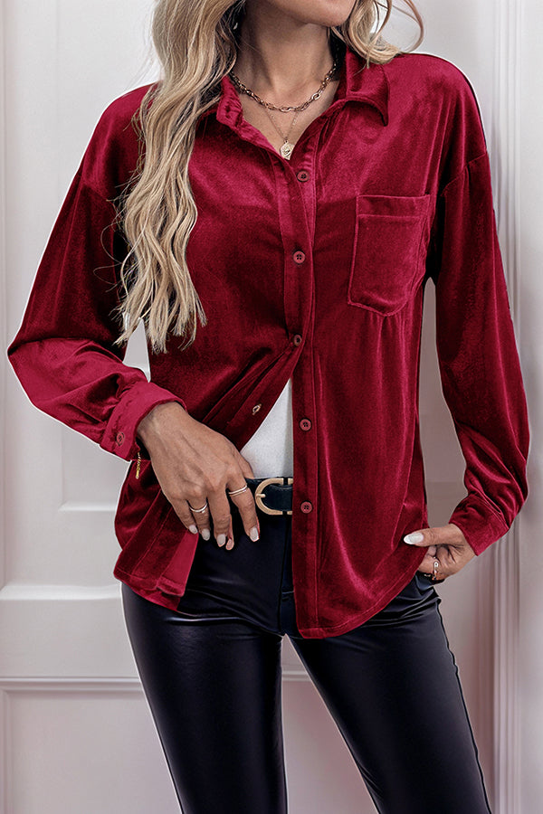 Solid Color Velvet Casual Lapel Pocket Loose Shirt-consonak