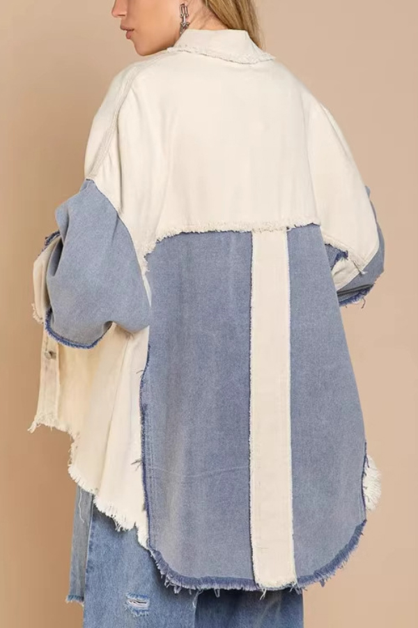 Stylish Color-blocked Lapel Long-sleeved Frayed Denim Jacket