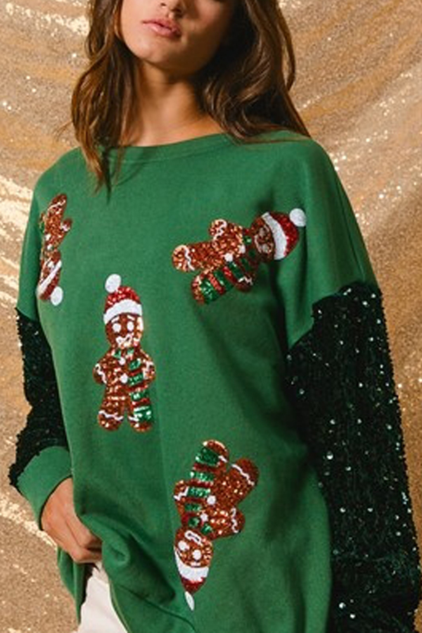 Christmas Casual Loose Round Neck Sequined Sleeve Sweatshirt | Consonak