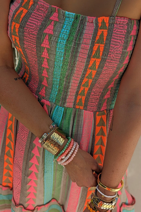 Plenty of Sunshine Linen Blend Ethnic Print Smocked Cami Midi Dress | Consonak