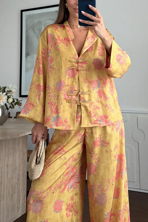 Floral Print Satin Knotted Button Long Sleeve Shirt and Elastic Waist Pocket Wide Leg Pants Set-Consonak