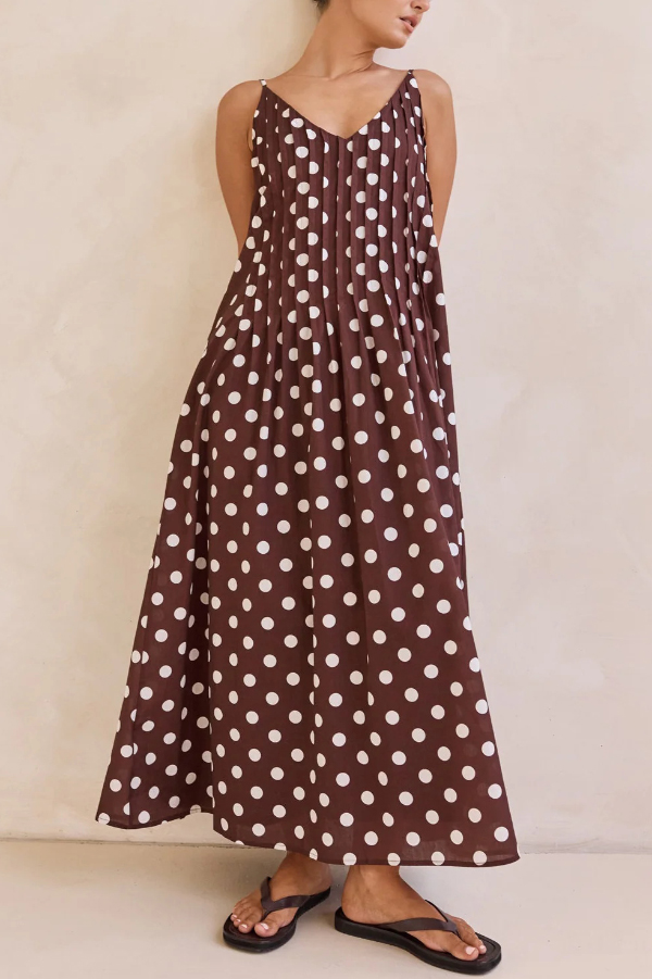 Polka Dot Print V-neck Pleated Casual Vacation Maxi Dress-consonak