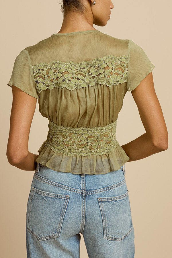 Sabrina Chiffon Lace Trim Button Up Short Sleeve Ruffle Plung Blouse-consonak