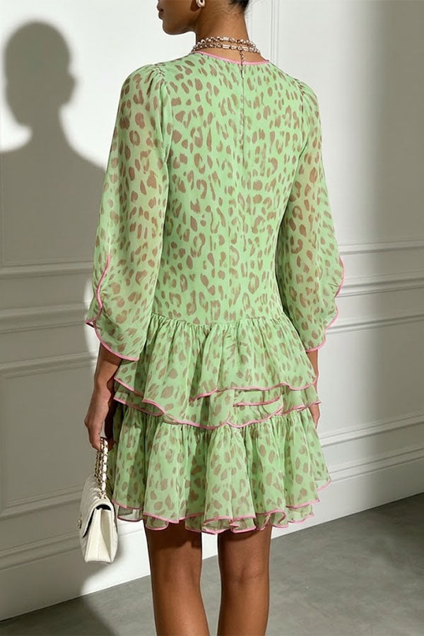 Amara Green Leopard Print Tiered Ruffle Mini Dress-Consonak