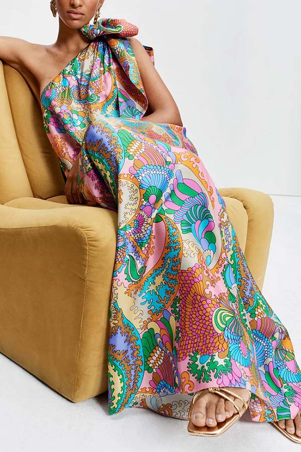 Rainbow Breeze Satin Unique Print Bow One Shoulder Loose Maxi Dress | Consonak