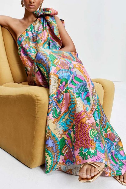 Rainbow Breeze Satin Unique Print Bow One Shoulder Loose Maxi Dress-consonak
