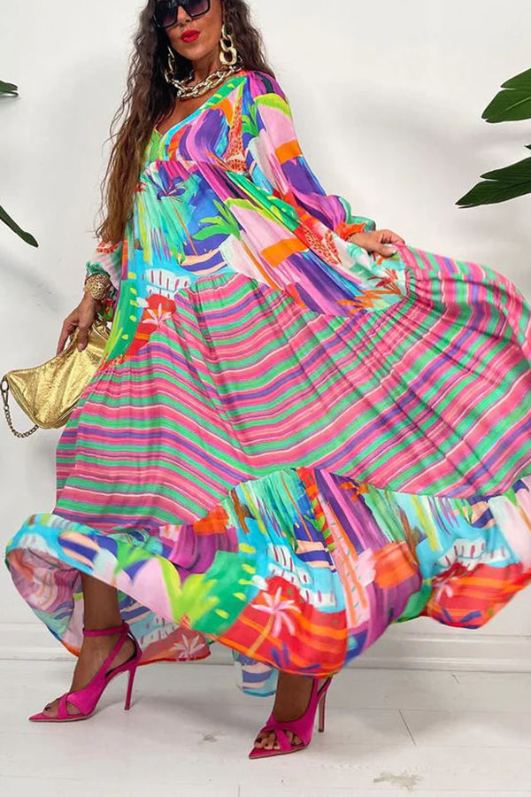 Bloom with A View Colorful Geometric Swing Maxi Dress-consonak