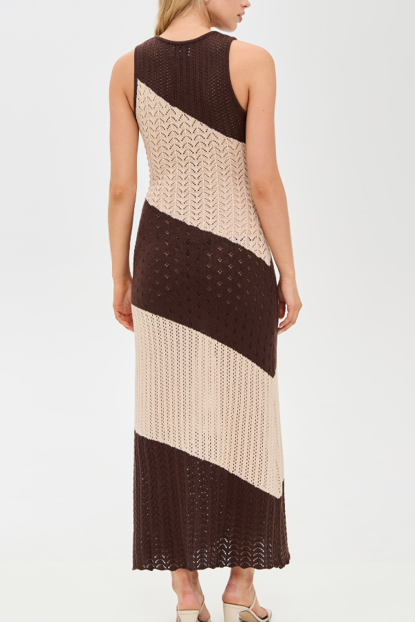 Fashionable Color-blocked Openwork Knit Slim-fit Maxi Dress-consonak