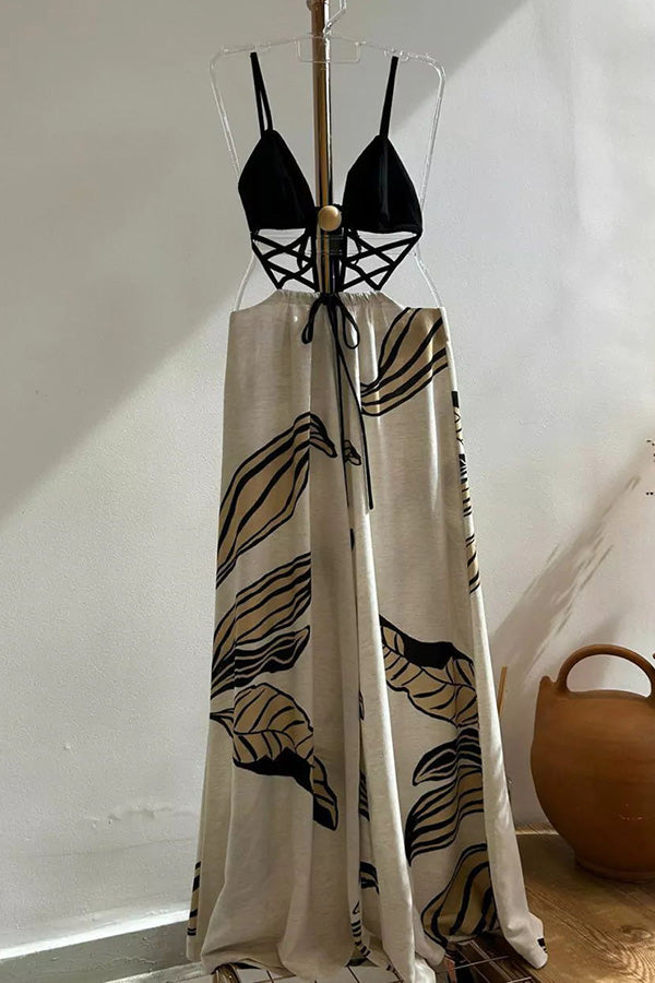 Tulum Dreaming Strap Cross Design Patchwork Printed Elastic Waist Backless Jumpsuit | Consonak