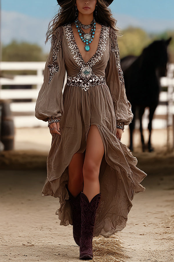 Retro V-neck Lantern Sleeve Ruffled Irregular Hem Maxi Dress-consonak