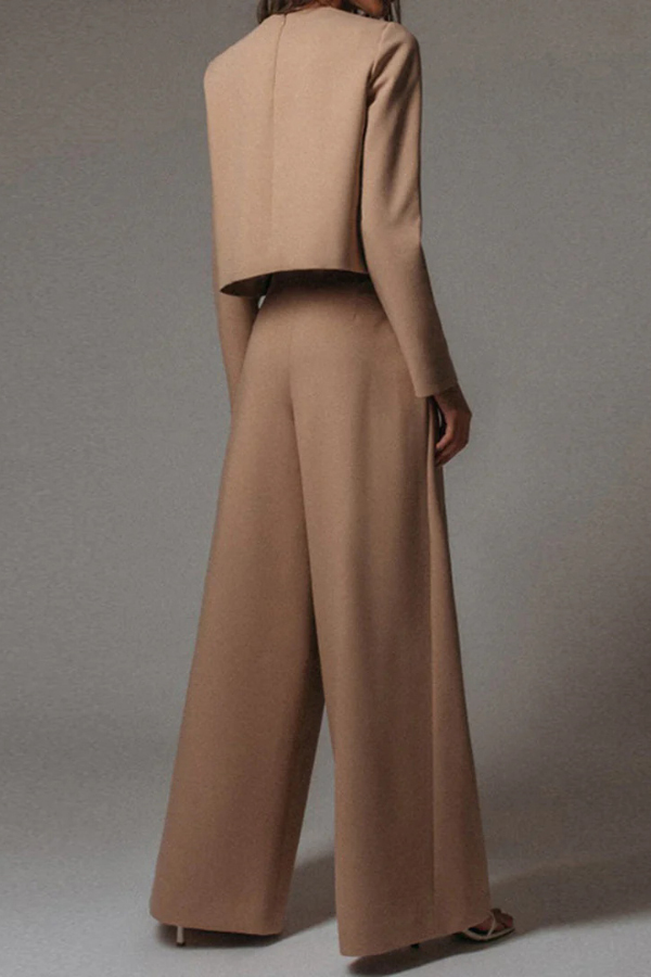 Solid Color Crew Neck Long-sleeved Cropped Top and Casual Pocket Wide-leg Pants Set