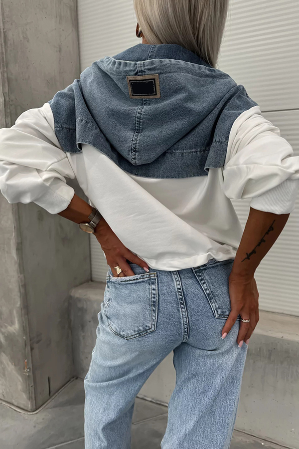 All The Time Denim Patchwork Soft Fabric Kangaroo Pocket Loose Hoodie-consonak