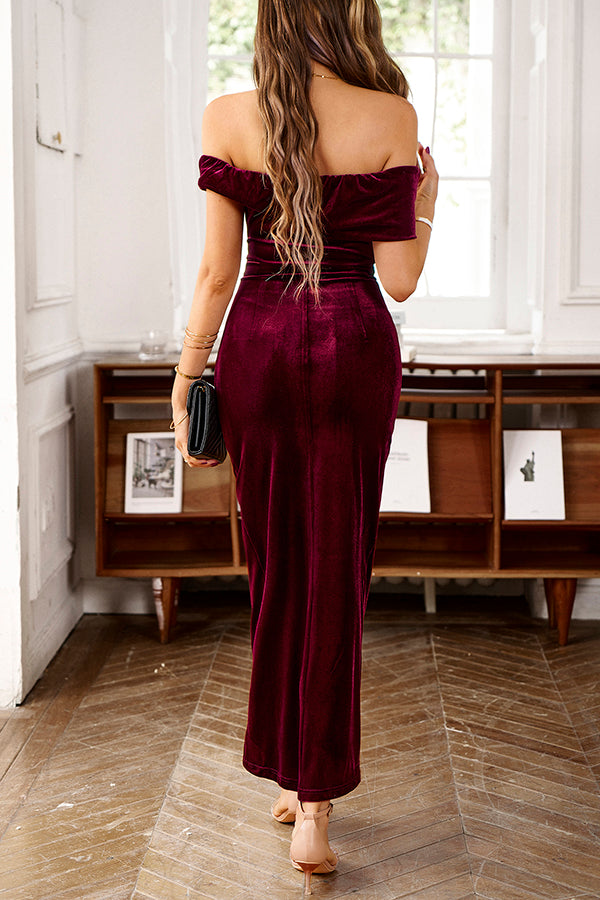 Solid Color Velvet Off-shoulder Slim-fit Elegant Slit Midi Dress-consonak