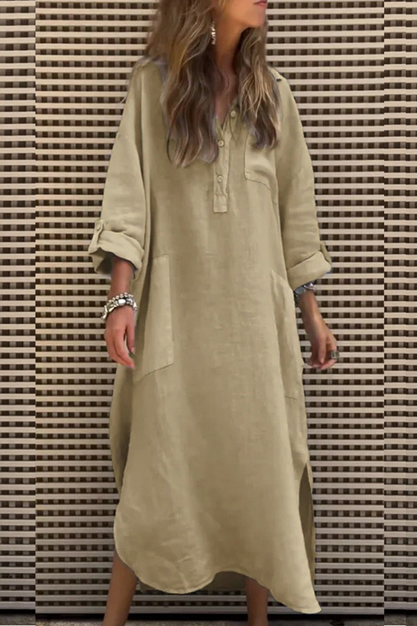 Solid Color Casual Button Pockets Irregular Hem Maxi Dress-consonak