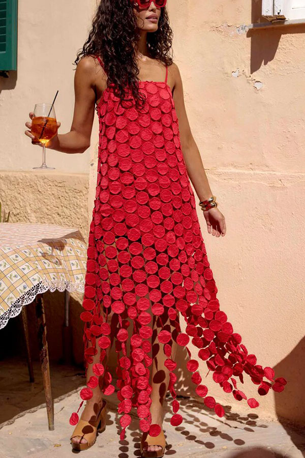 Juju Embroidered Cutout Polka Dots Square Neck Tassel Hem Slip Maxi Dress | Consonak