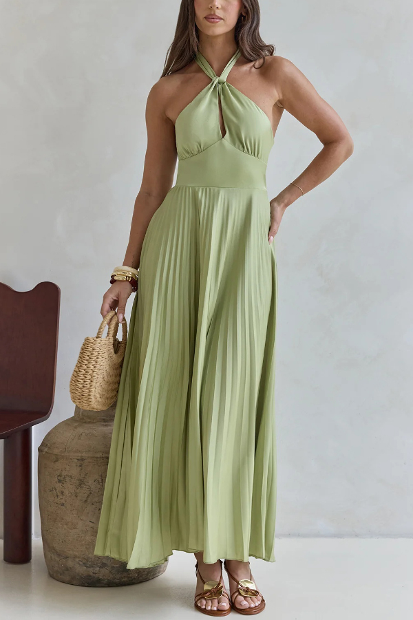 Solid Color Halter Neck Hollowed-out Casual Pleated Holiday Maxi Dress-consonak