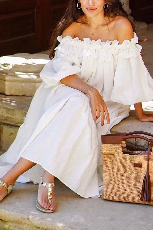 Seaside Street Fashionable Linen Blended Off Shoulder Ruffles Bubble Sleeves Pocket Flute Dress-consonak