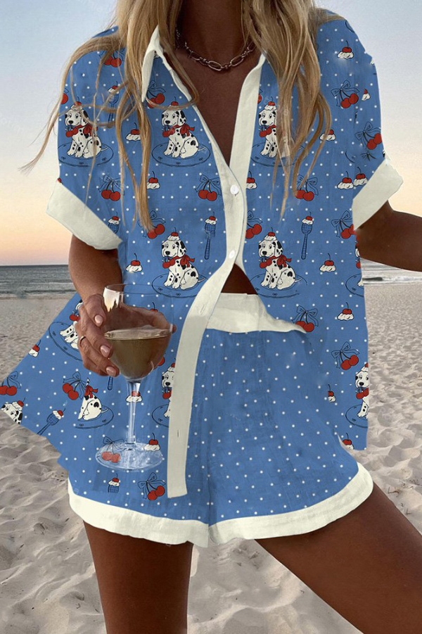 Puppy Dot Print Loose Button Elastic Waist Shorts Set