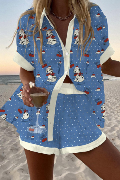 Puppy Dot Print Loose Button Elastic Waist Shorts Set