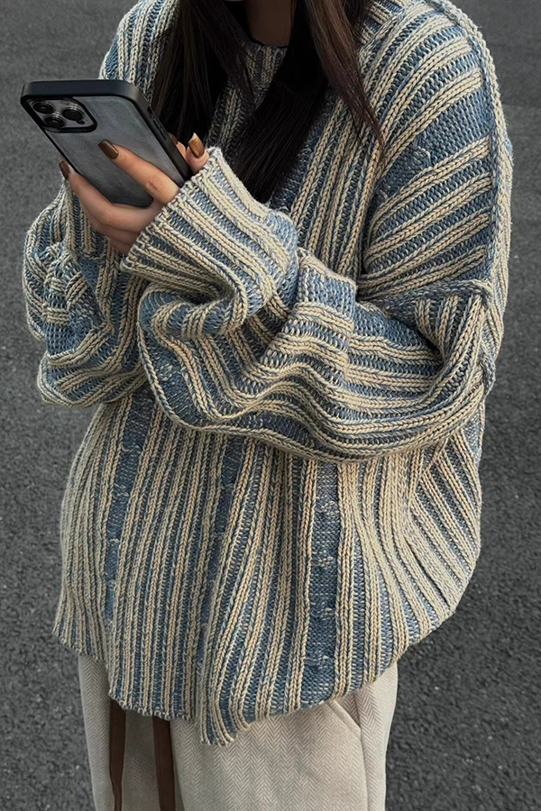 Retro Contrast Striped Knitted Loose Sweater-consonak