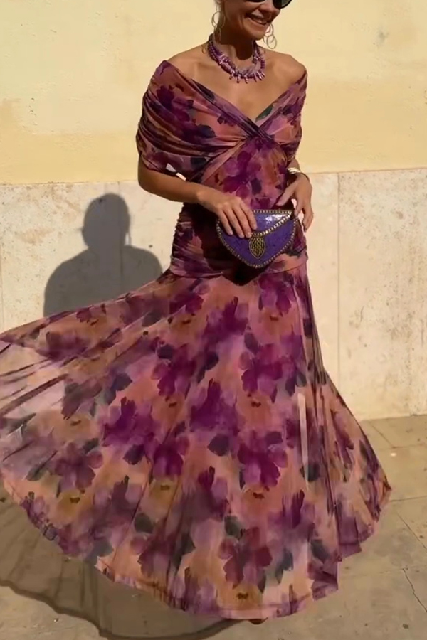 Unique Printed V-Neck Waisted Mesh Holiday Maxi Dress-consonak