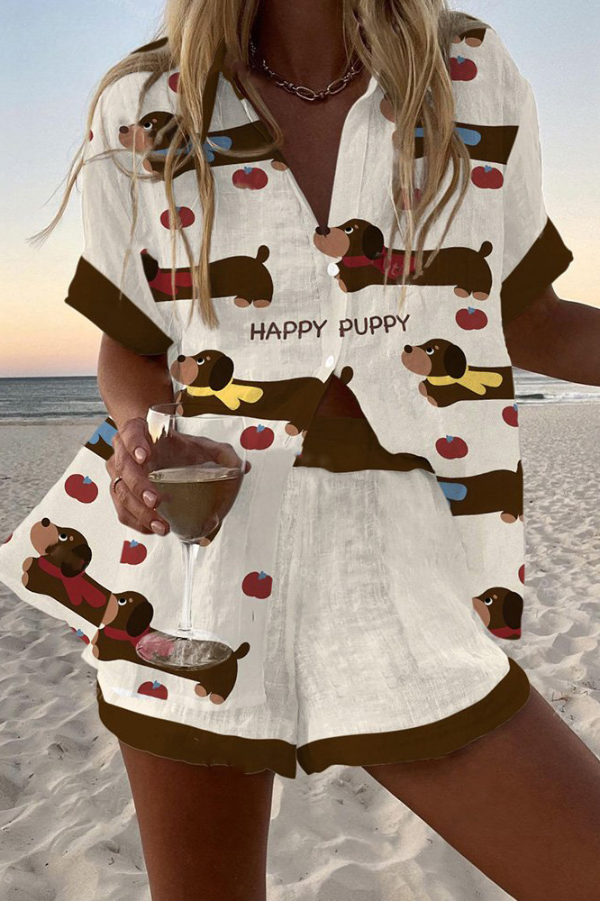 Dachshund Print Loose Button Elastic Waist Shorts Set