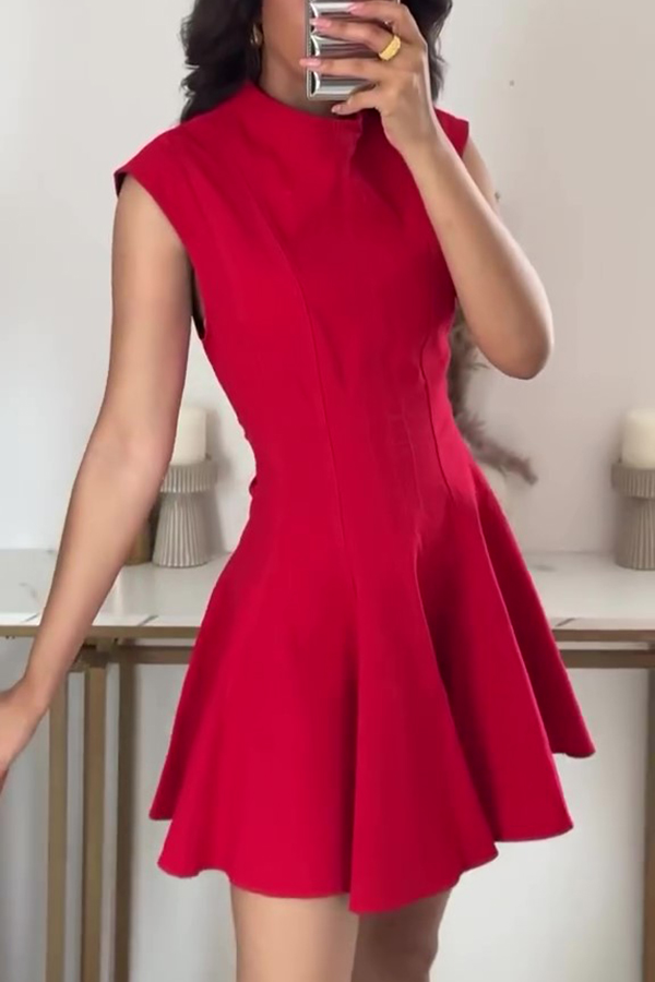Solid Color Round Neck Sleeveless Waist Mini Dress-consonak