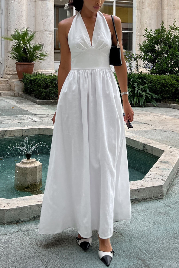 Solid Color Halter Neck Tie Elegant Backless Waist-cinching Maxi Dress | Consonak