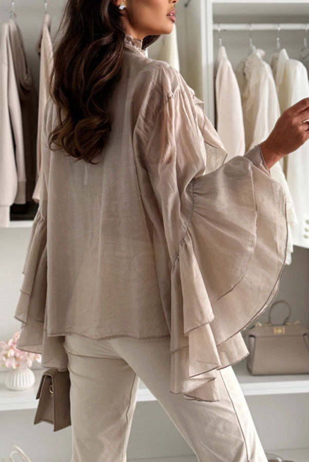 Breezy Touch Chiffon Layered Ruffles Long Bell Sleeve Button Up Loose Blouse-consonak