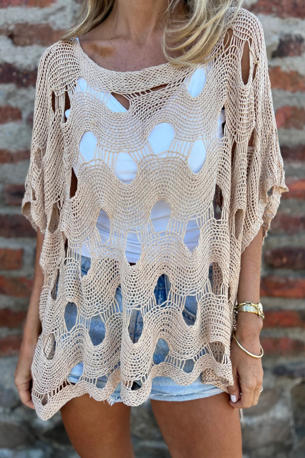 Solid Color Loose-fitting Openwork Casual Knit Top-consonak