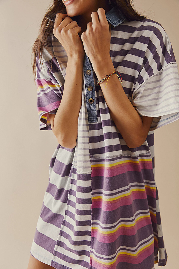 Contrast Striped Patchwork Denim Lapel Loose Casual Mini Dress-consonak