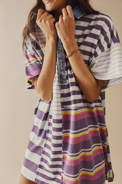 Contrast Striped Patchwork Denim Lapel Loose Casual Mini Dress-consonak