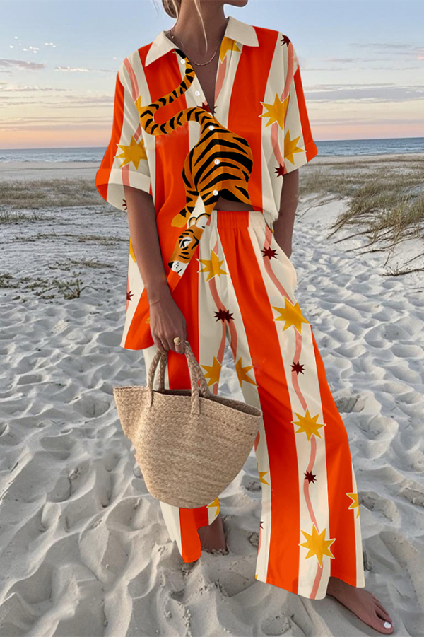 Tiger Print Oversized Shirt and Elastic Waist Pocket Pants Set-consonak