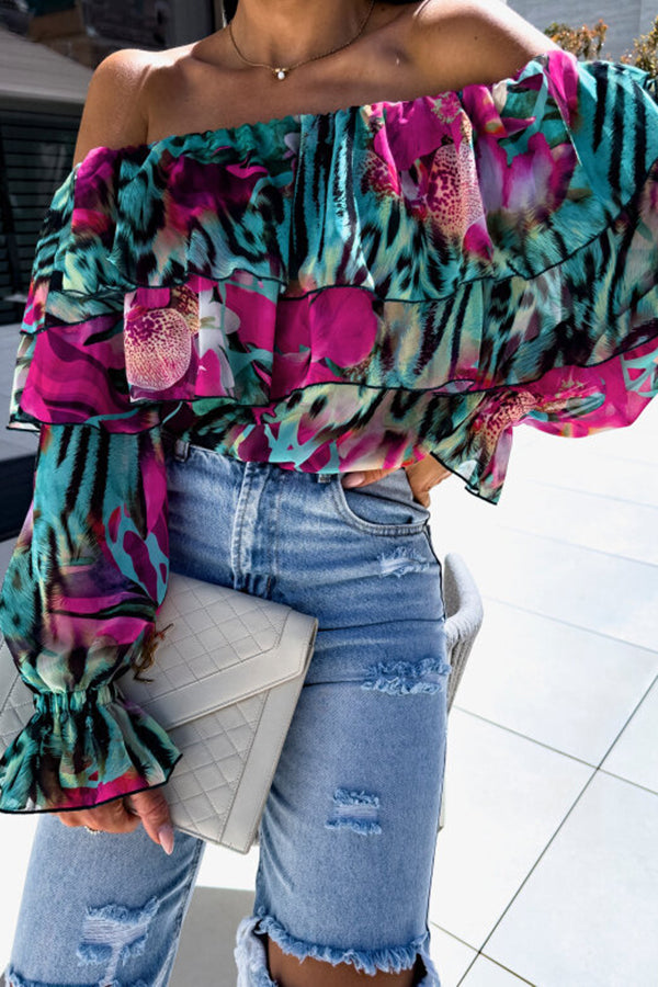 Colorful Botanical Print Sexy Off-shoulder Ruffle Top-consonak