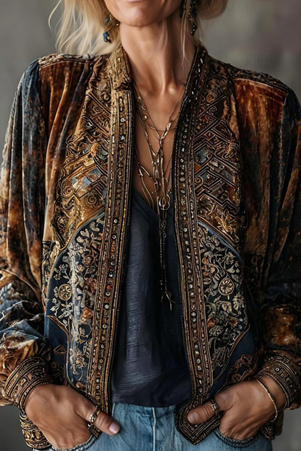 Bohemian Style Velvet Loose Long-sleeved Casual Cardigan-consonak