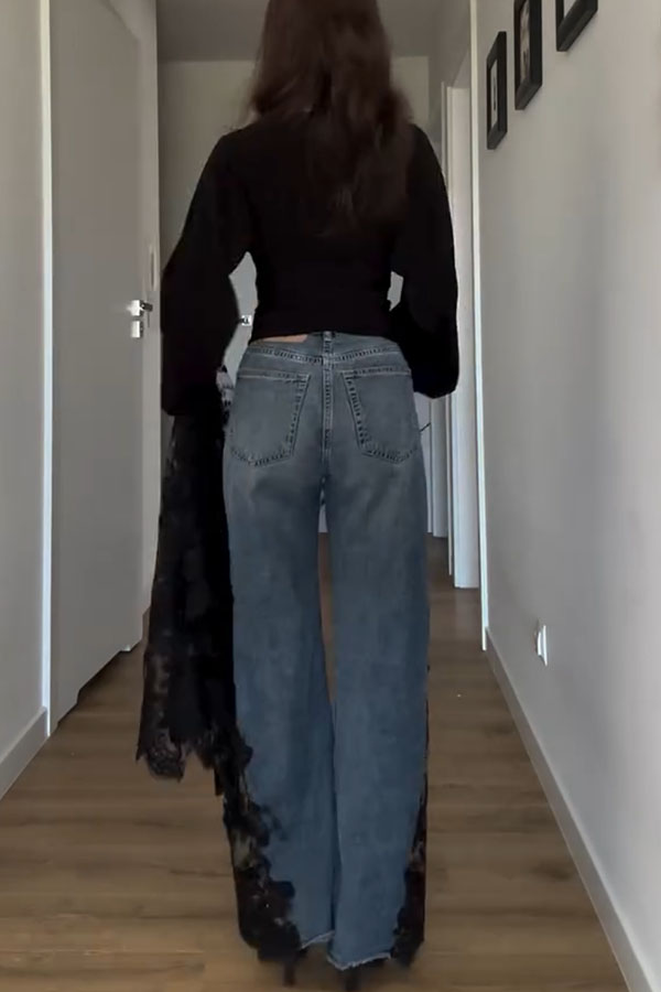 Stylish Denim Mid Rise Side Lace Patchwork Pocket Straight Leg Loose Jeans