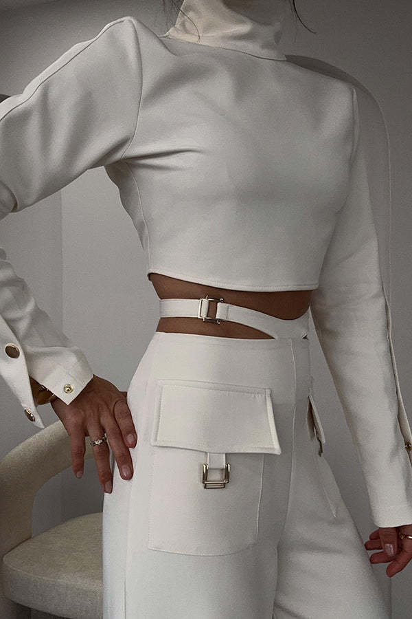 Leia High Neck Button Bell Sleeve Top and Cutout Waist Metal Pocketed Flare Pants Set-consonak